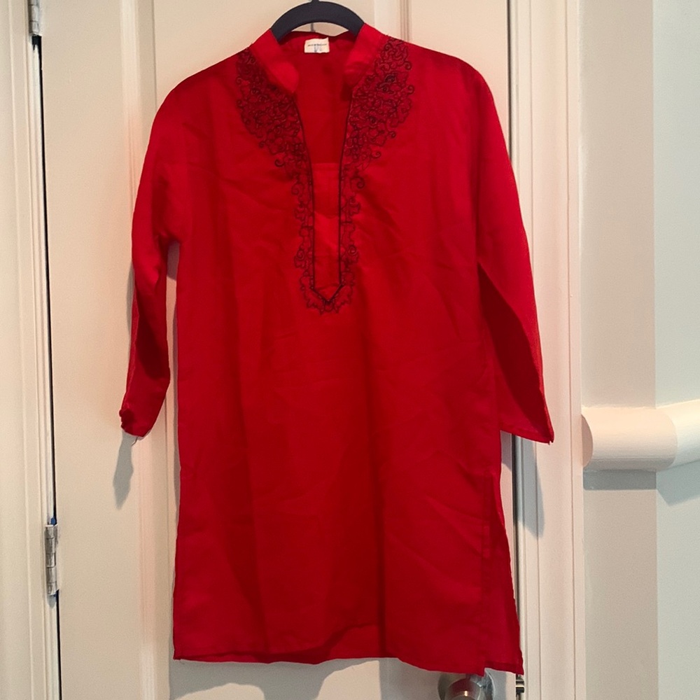 Red Tunic Women’s shirt black embroidery work size small